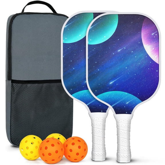 Pickleball Paddles Set Of 2, Fiberglass Surface, Galaxy Print, 4 Balls & Bag