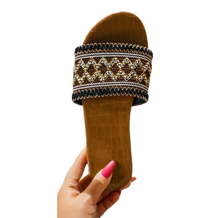 

WEARELLAS Women Synthetic Flat Slippers Weave Shoes Beach Summer Slippers Open Toe Slip On Sandals