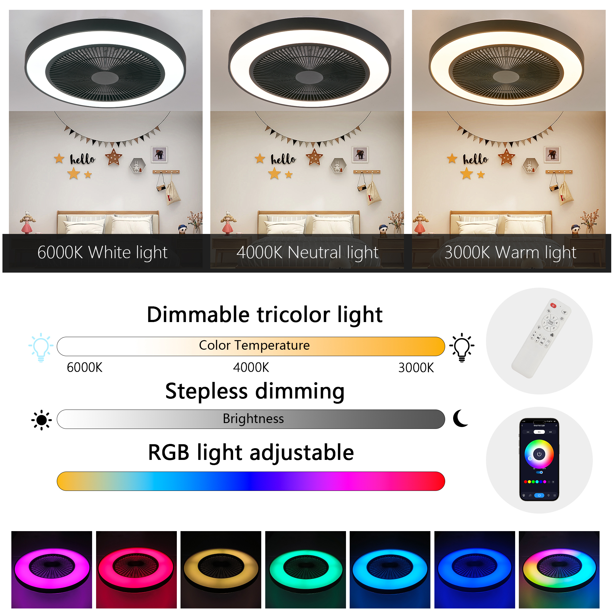 Leumius 19" Black Ceiling Fan Light with LED RGB, Dimmable & Color-Changing, APP & Remote Control, Modern Smart Ceiling Fan for Living Room Bedroom and Dining Room