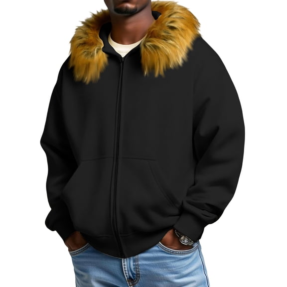 Unisex New Leisure Hooded Faux Fur Collar Hoodie Jacket - Black L