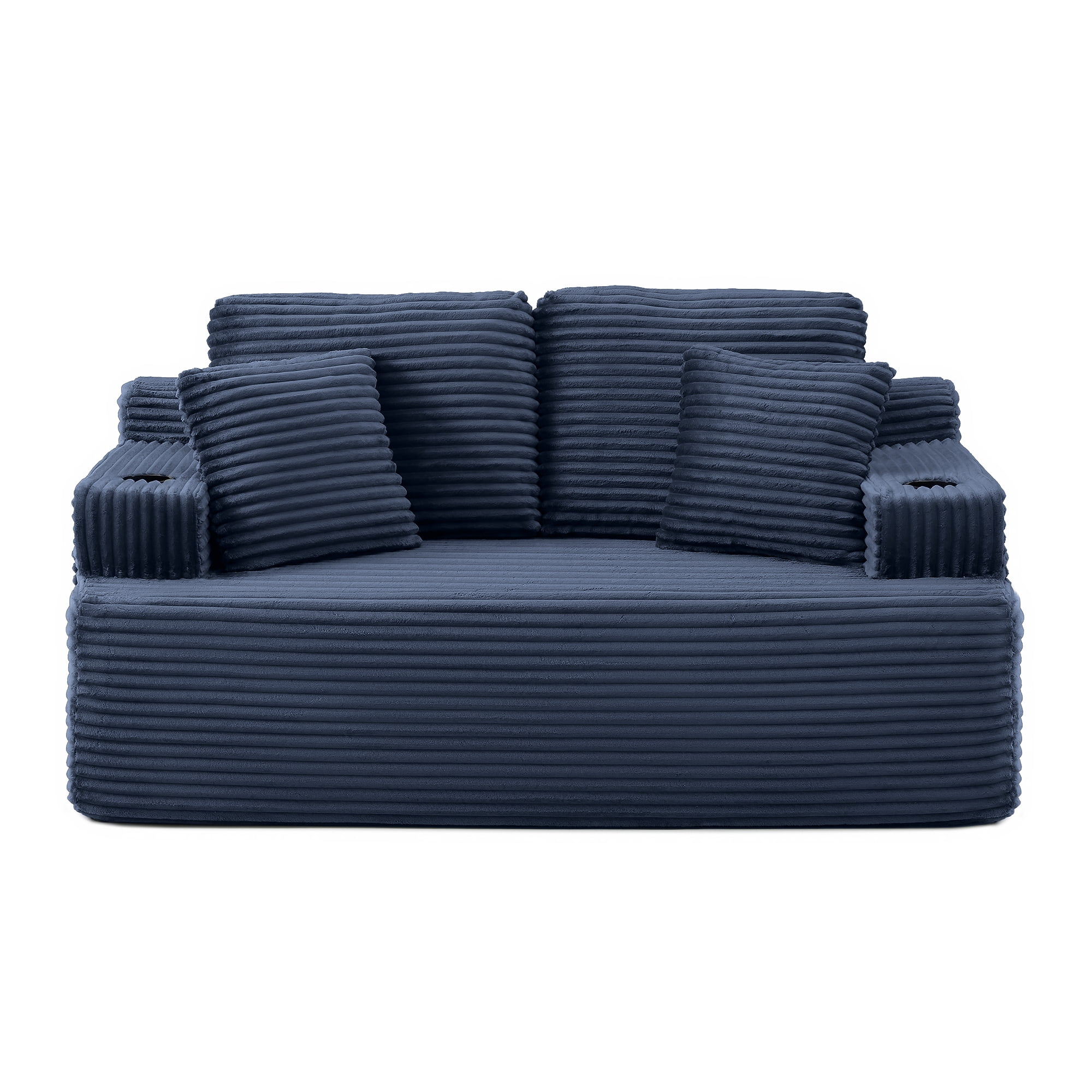 Boneless Loveseat, 2-Seater Floor Couch with Cup Holders and Side Pockets, Corduroy Fabric No Assembly Sofa for Small Space or Apartment, 66.5 Inch, Blue