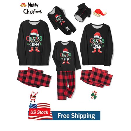 

Christmas Pajamas for Family Matching Holiday Pjs Nightwear Long Sleeve Santa Hat Letter Print Tops+Pants Set Winter Sleepwear