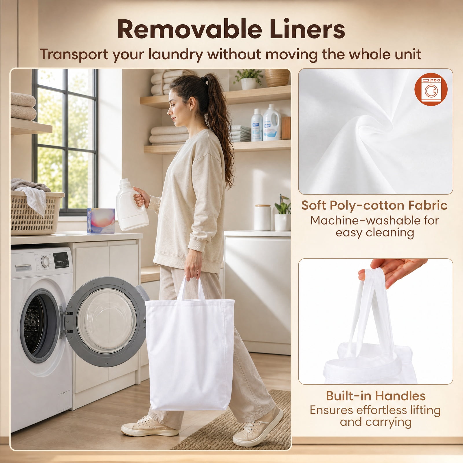 Vebreda Laundry Hamper with Lid, 21.4-Gallon 3-Section Laundry Sorter with 3 Removable Bags and 4 Wheels, Rolling Clothes Hamper, Natural