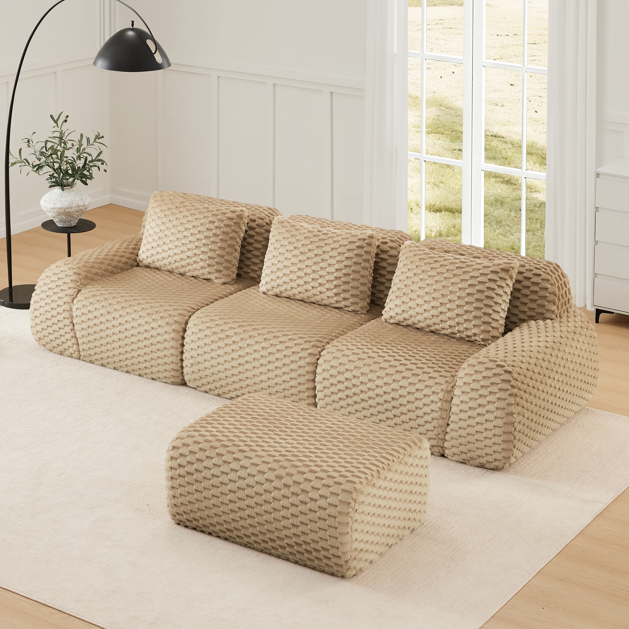 Aukfa 114" L-Shaped Modular Sectional Sofa, 29" Deep Seat Oversized Cloud Couch with Ottoman, Flannelette Upholstered 3-Seater Sofa for Living Room, Light Camel