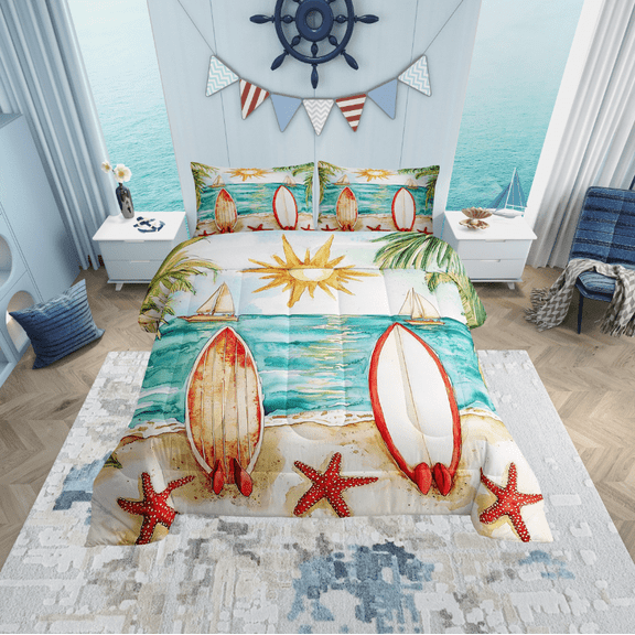 Erosebridal Surfing Surfboard Bedding Sets Twin with Comforter, Summer Beach Duvet Insert, Ocean Starfish Reversible Comforter Sets Twin Size, Lightweight Bedroom Decoration, 2pcs