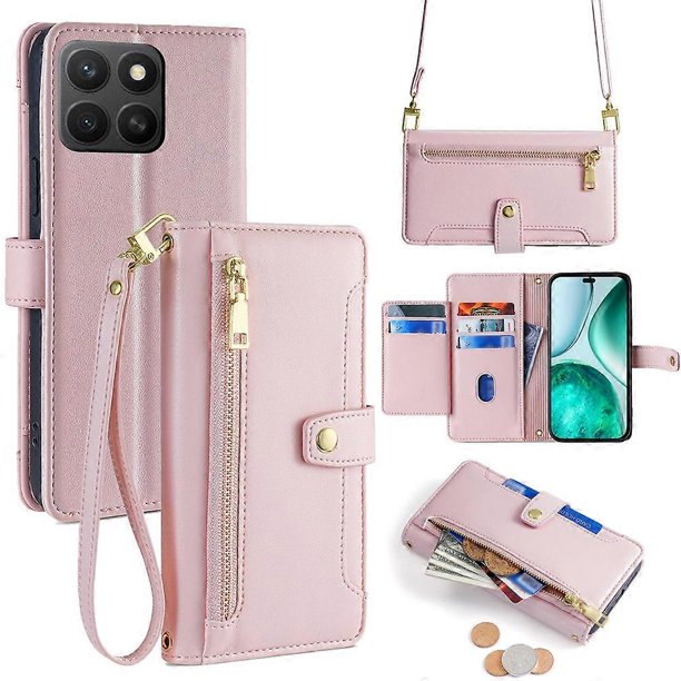 For Honor X8c 4G Leather Case Zipper Pocket Wallet Phone Cover with 2 Straps - Grey