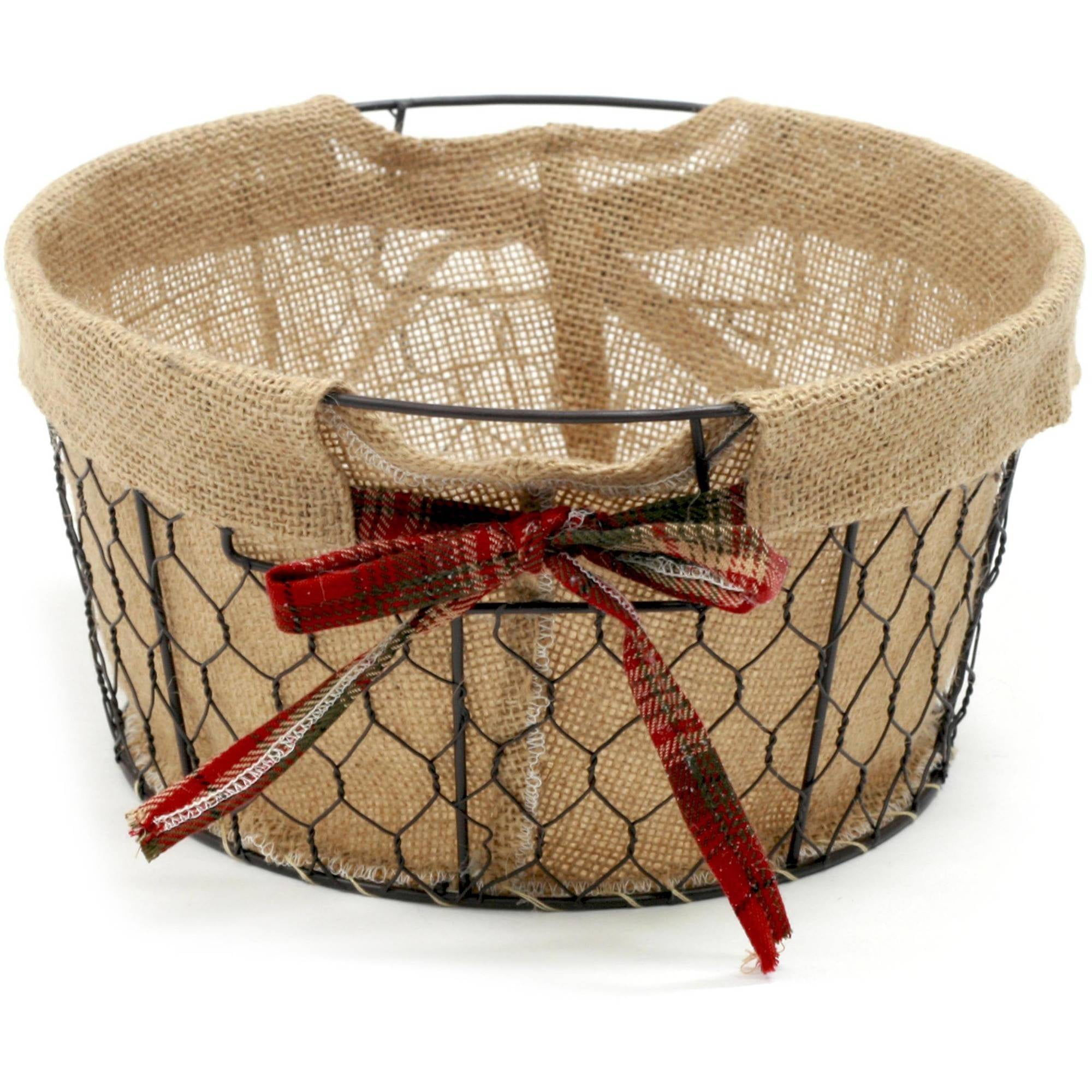 Holiday Time 10inch Round Burlap Lined Metal Wire Basket
