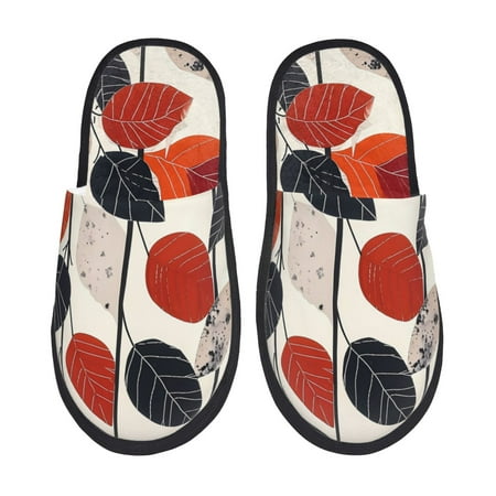 Balery Modern Abstract Leaf Pattern Slient Indoor Furry Fleece Comfort House Shoes Soft Non-Slip Home Shoes Cotton slippers House Slippers-- Medium