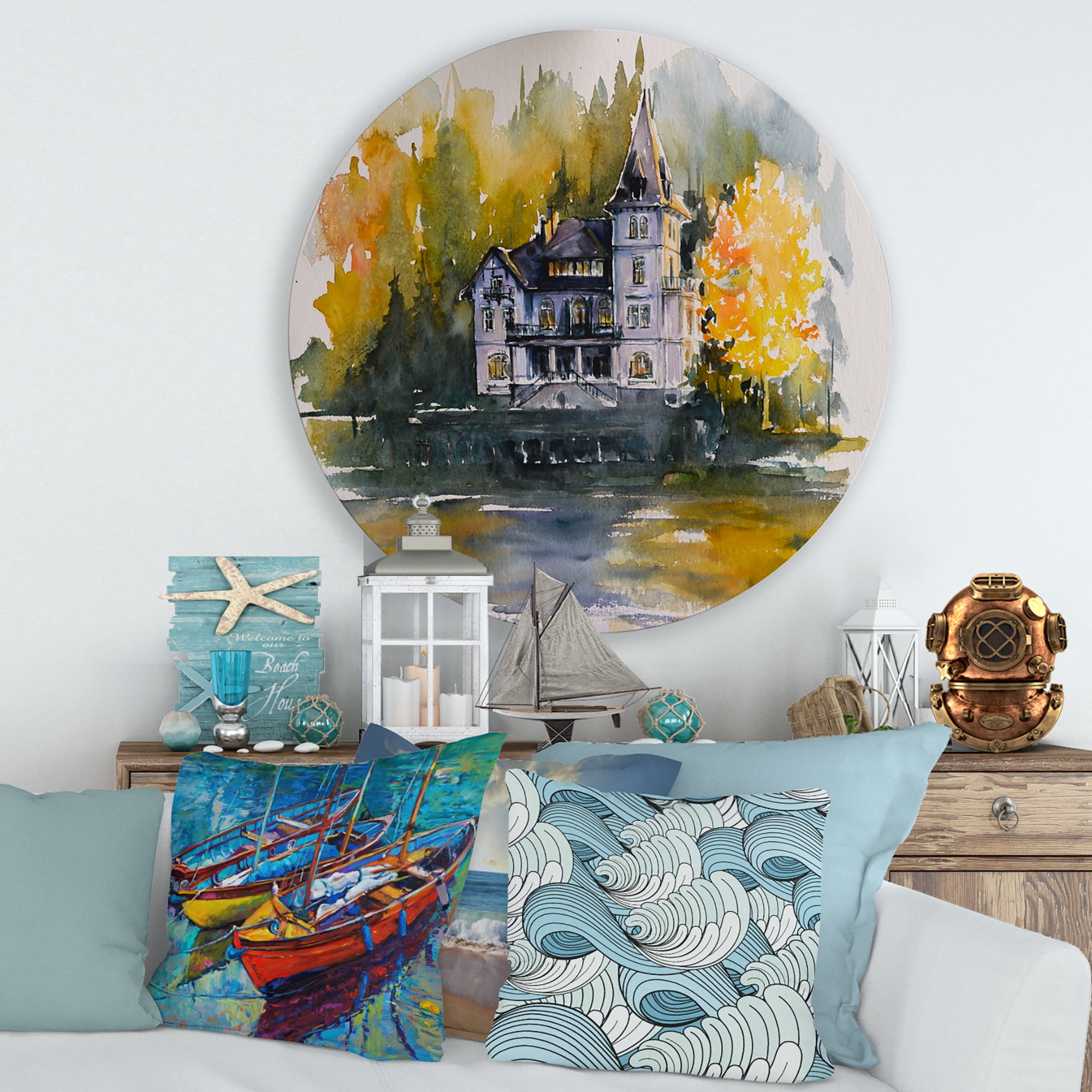 Designart 'Castle With Autumn Trees By The Lake' Lake House Circle Metal Wall Art 29x29 - Disc of 29
