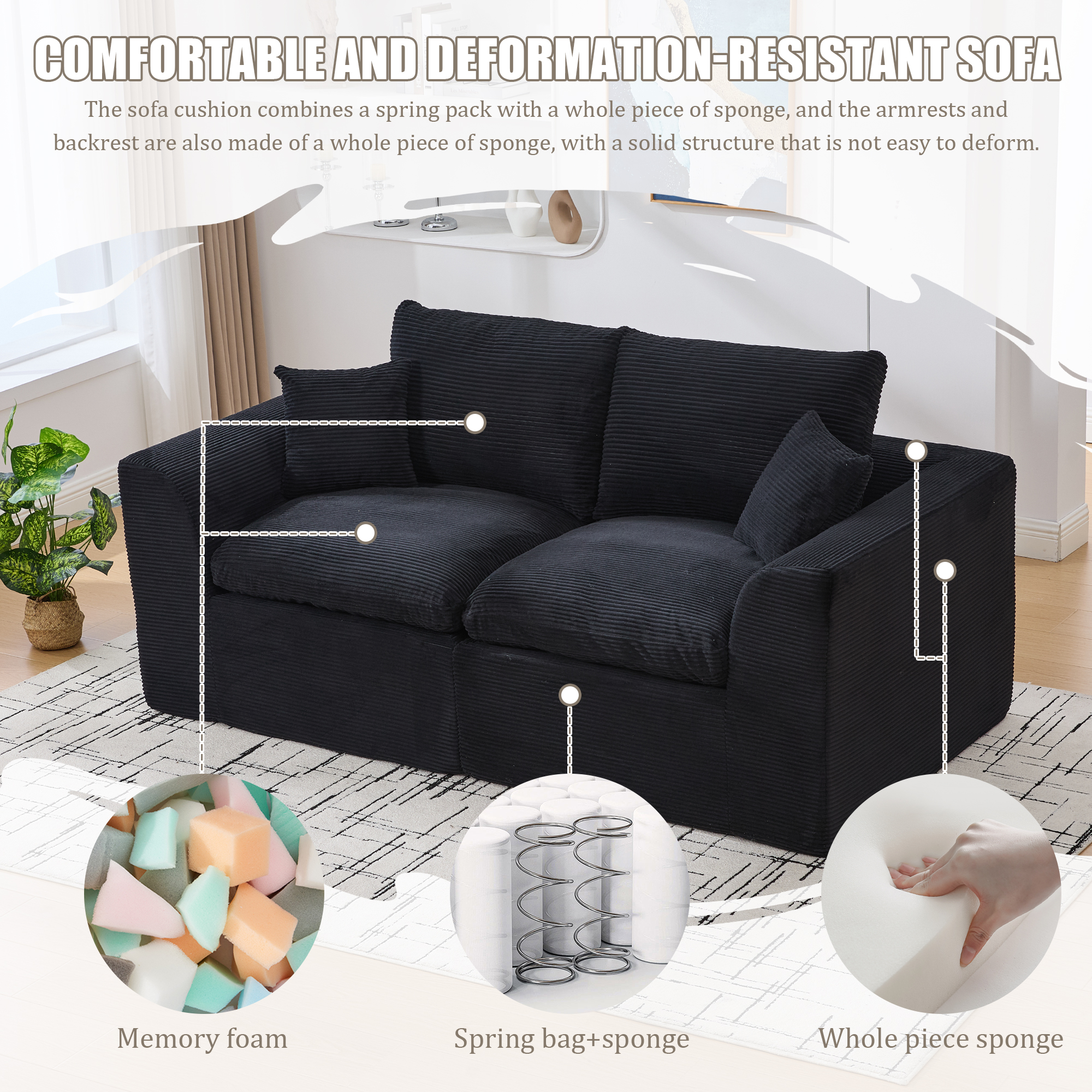 MOONMISS 80.3" Oversized Modular Sofa, Upholstered Corduroy 2 Seat Deep Seat Cloud Couch for Living Room Bedroom, No Assembly Required,Black