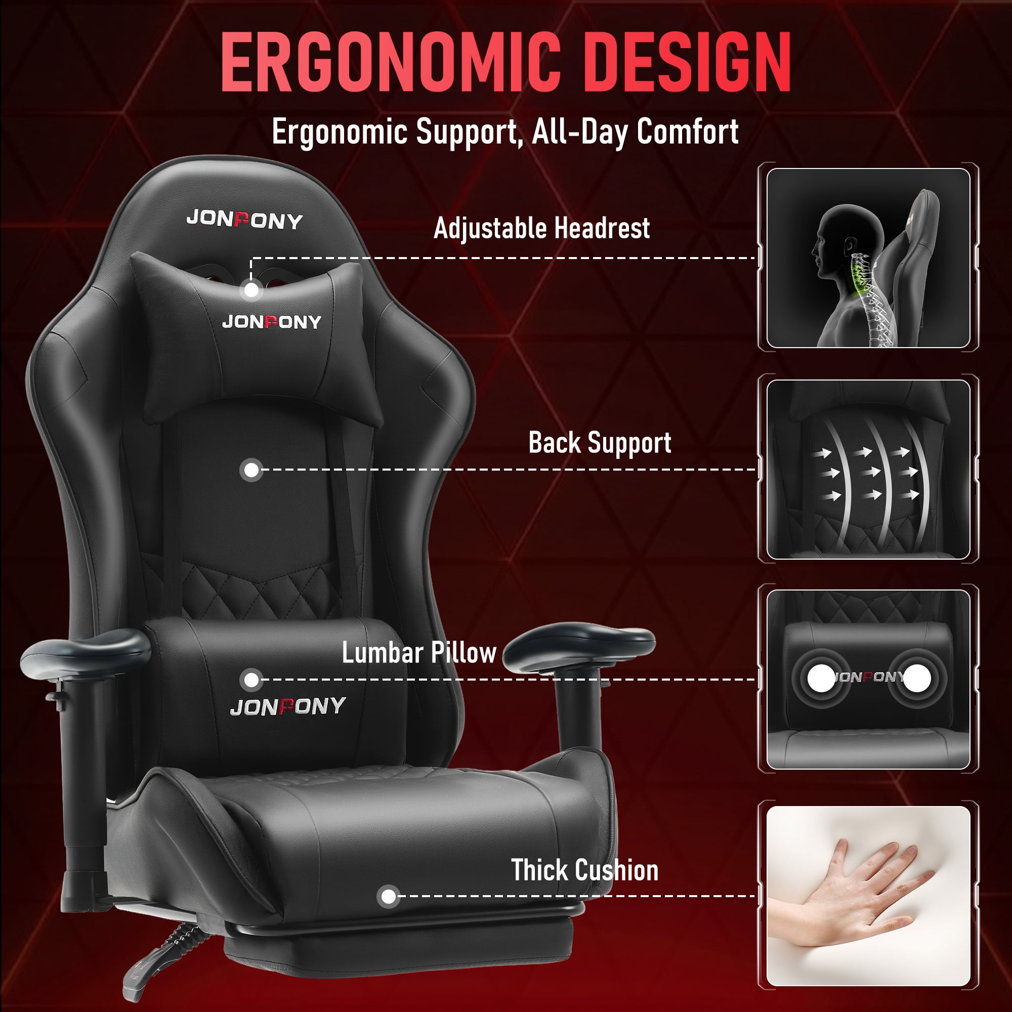 JONPONY Big and Tall 400LBS Gaming Chair, Ergonomic Design with 2D Armrests,PU Leather with Footrest and Lumbar Support, High Back Office Chair Support 8 Hours Long Sitting, Computer Chair,Black