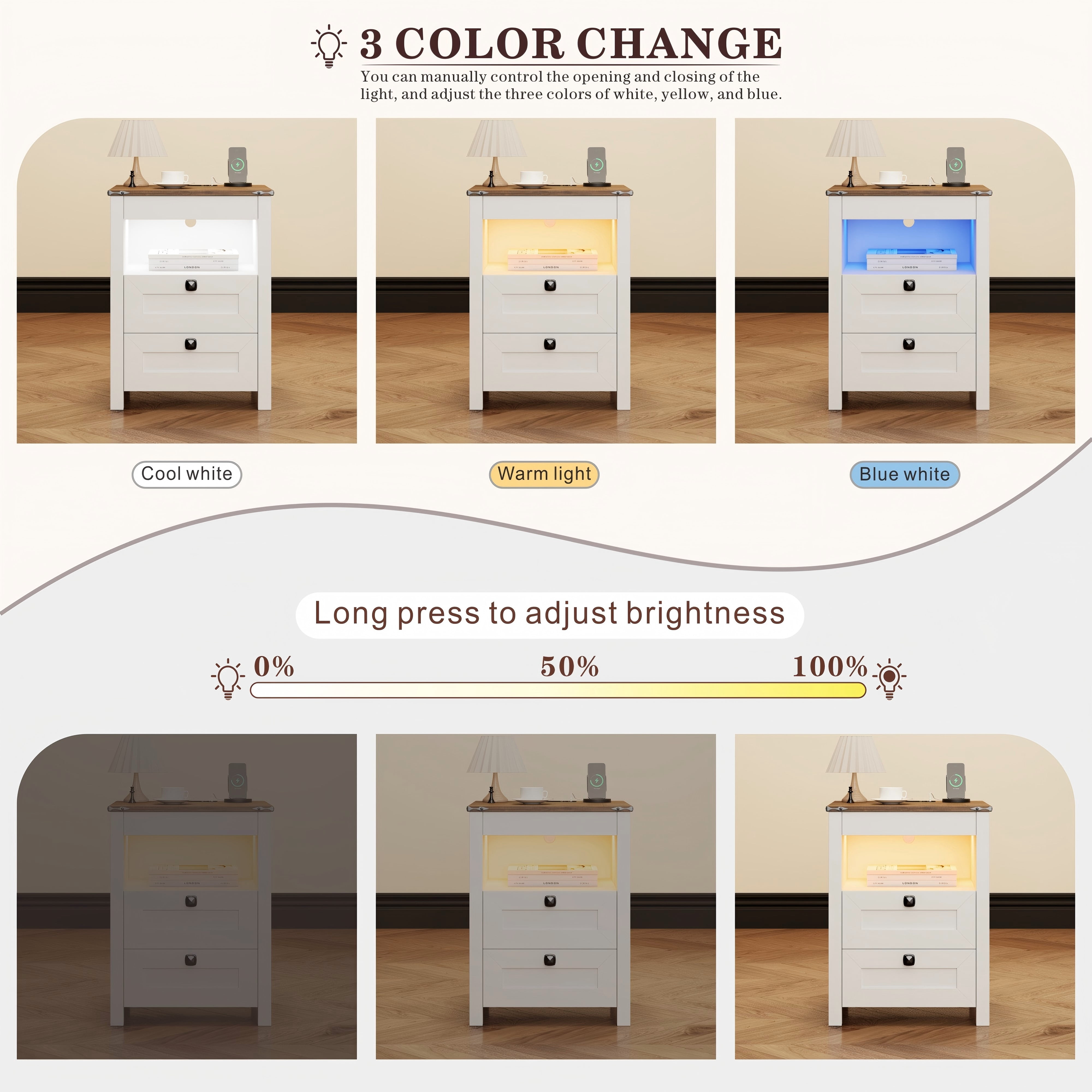 VKCC Rustic 2 Drawers Nightstand with LED Lights & Charging Station, Farmhouse Bedside Table with Open Shelf, White