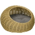 thumbnail image 2 of PawHut Rattan Cat Bed, Wicker Cat House Basket with Washable Cushion for Small Indoor Cats and Dogs, Light Brown, 2 of 9