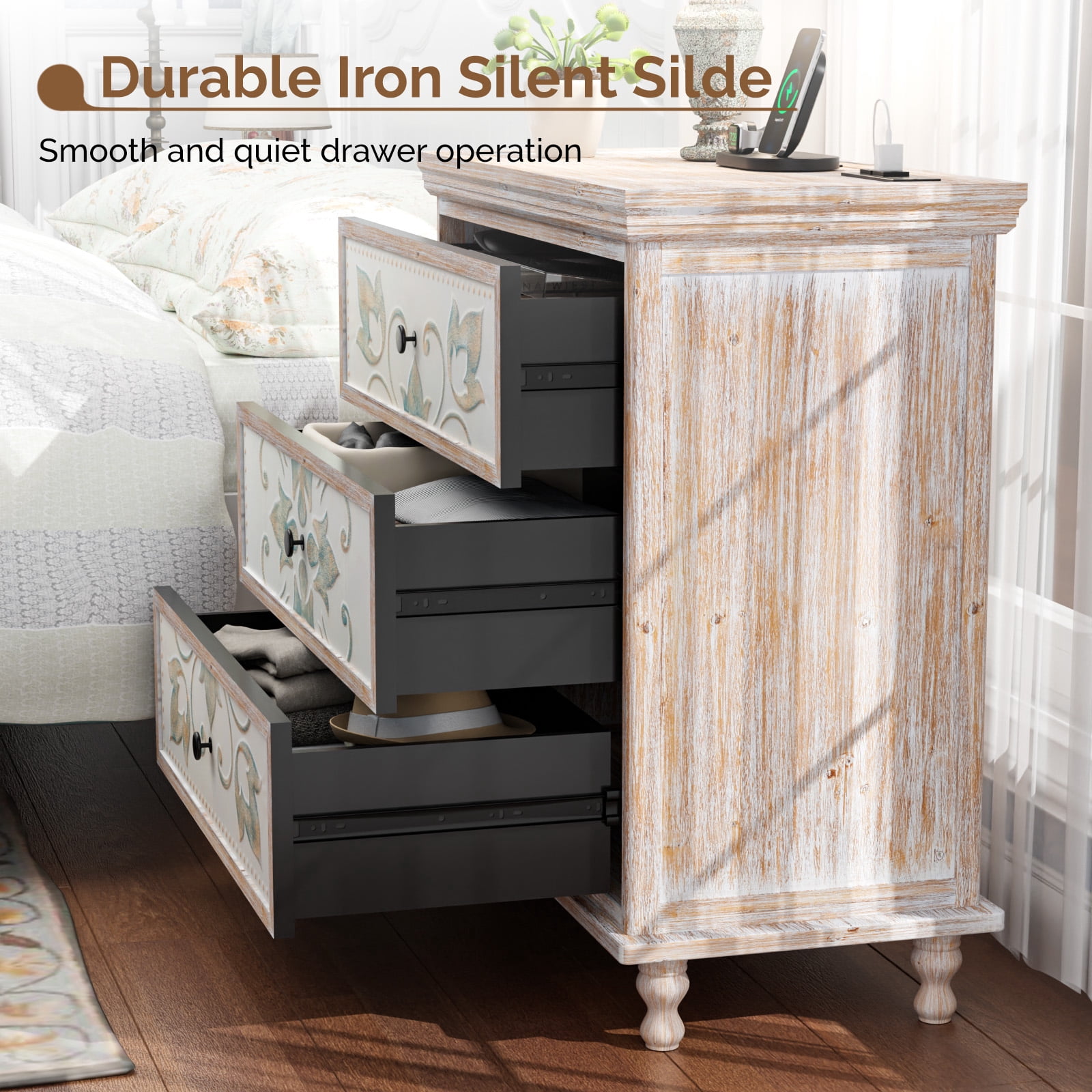 3-Drawer Nightstand with Carved Fronts, White and Wood, 31.5 x 15.75 x 32.24 in