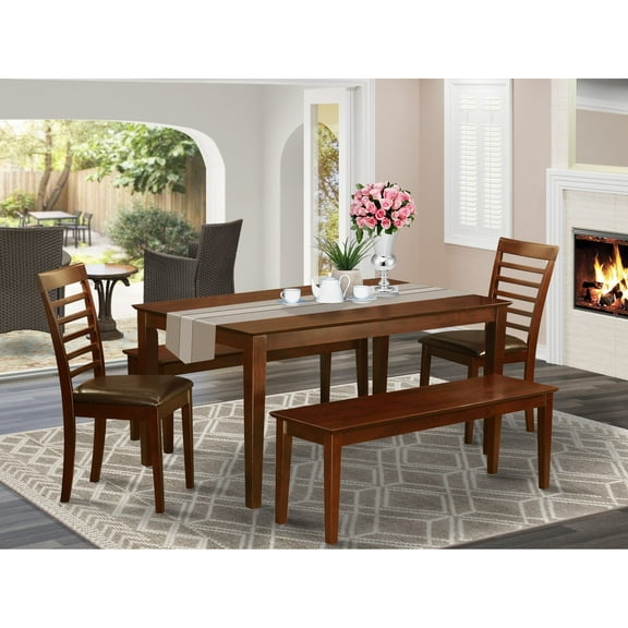 East West Furniture Dining Room Furniture Set- a Kitchen Table and 2 Dining Chairs with 2 Benches, Mahogany(Seat Options) CAML5C-MAH-LC