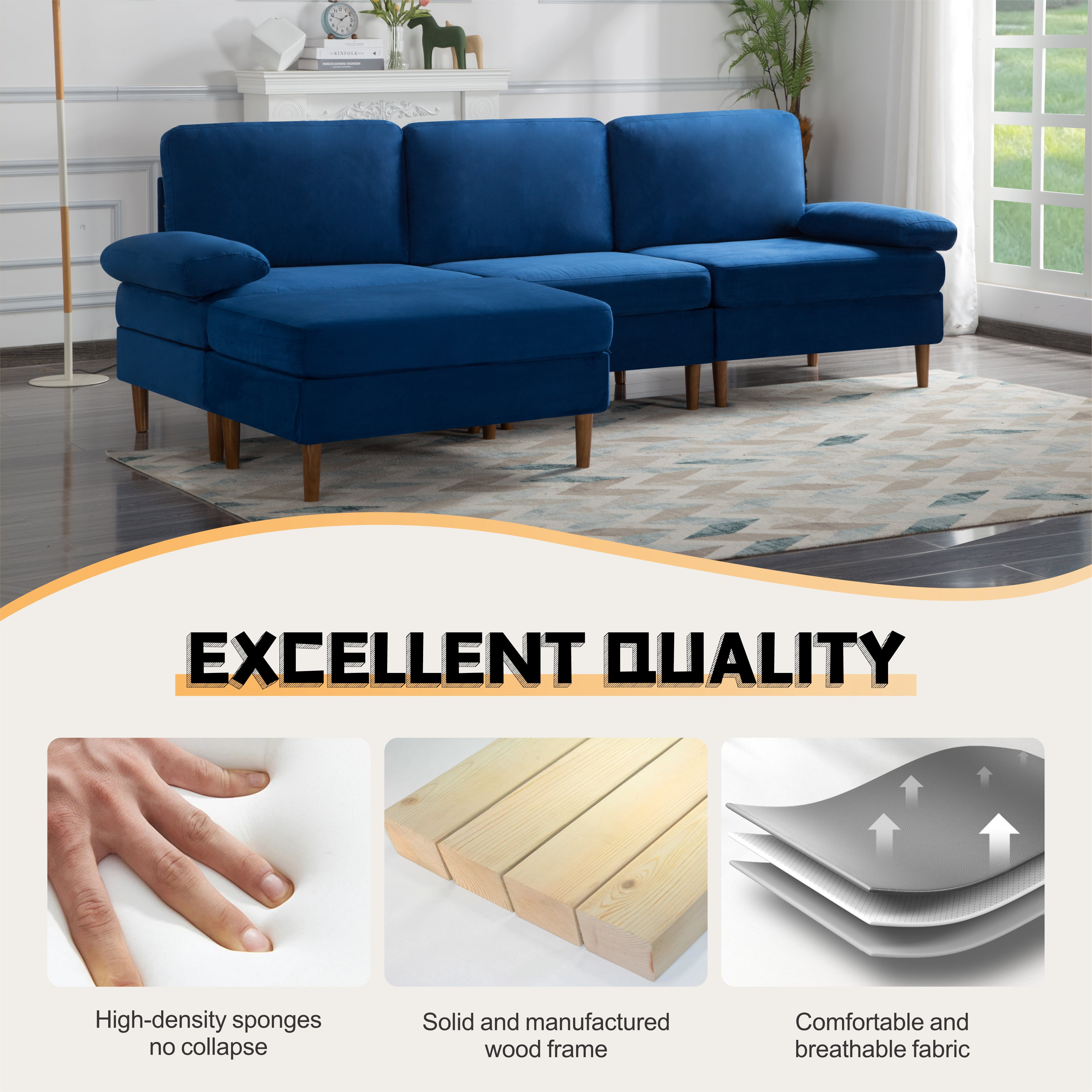 Gewnee 102.4'' Modern Convertible L-Shaped Sofa, 3-Seater with Movable Ottoman for Living Room & Apartments( Navy Blue)
