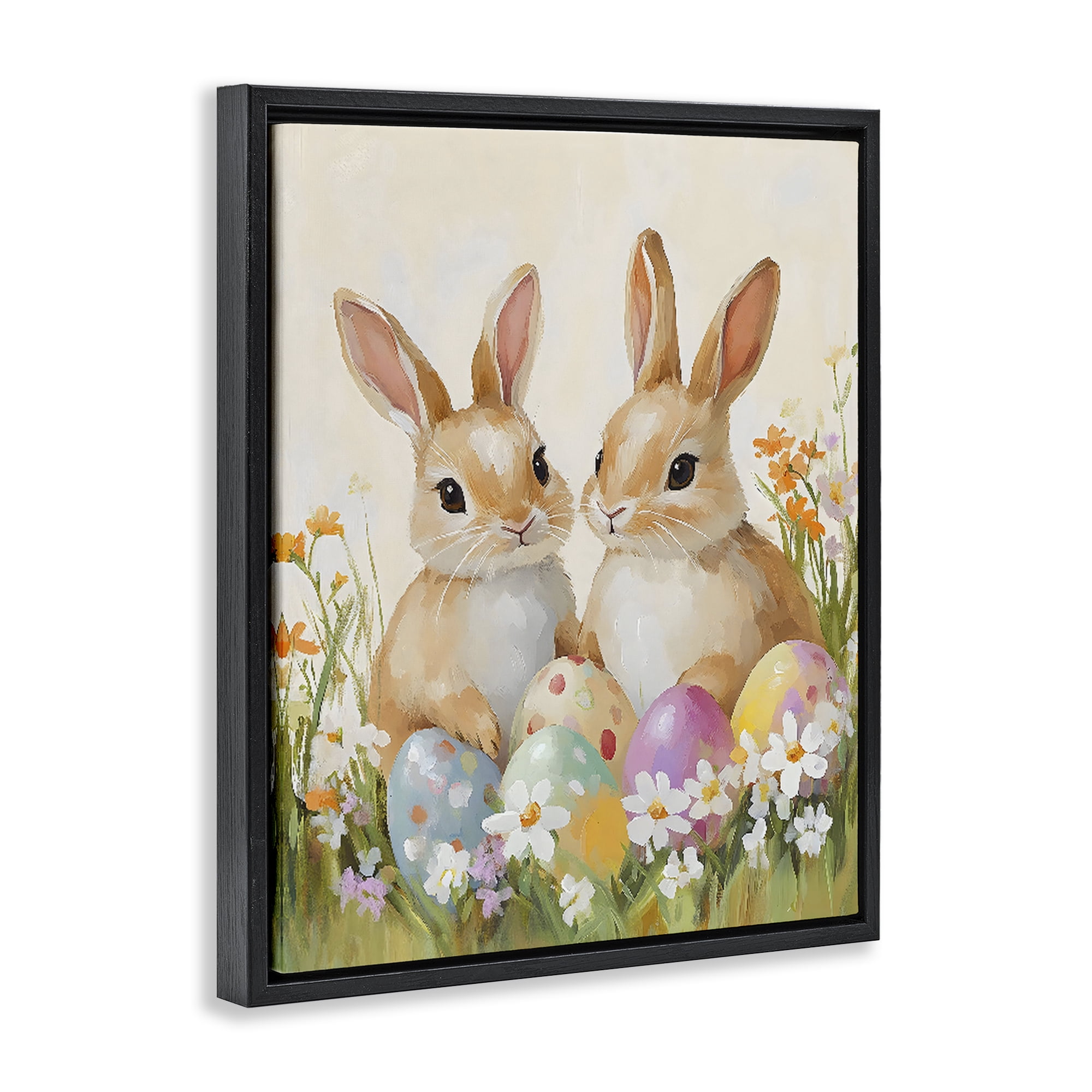 Stupell Industries Bunnies with Painted Easter Eggs Black Framed Floater Canvas Wall Art, design by The Prints Vibe