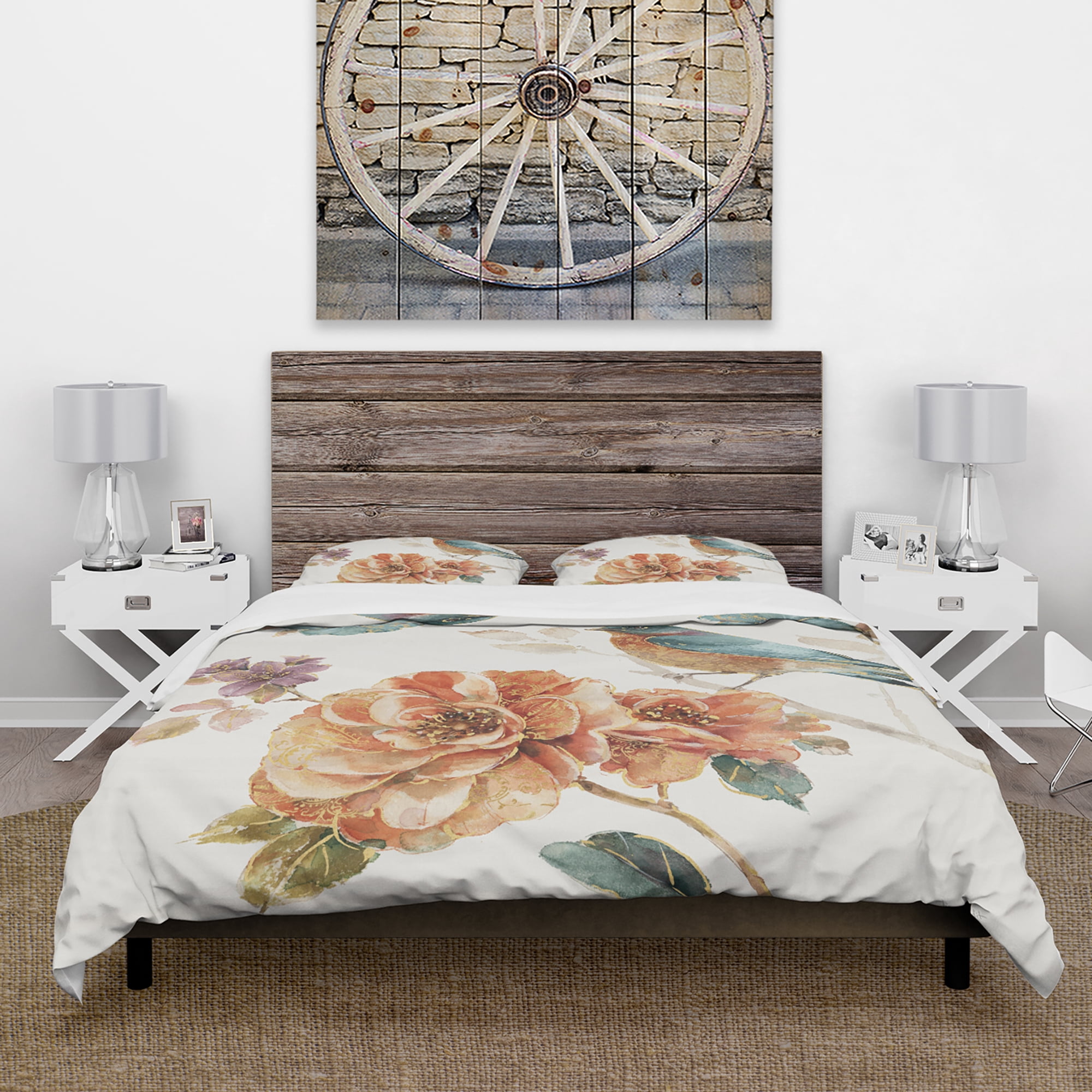 Designart 'Cottage Bird on Orange Flower Twig' Cottage Duvet Cover Set