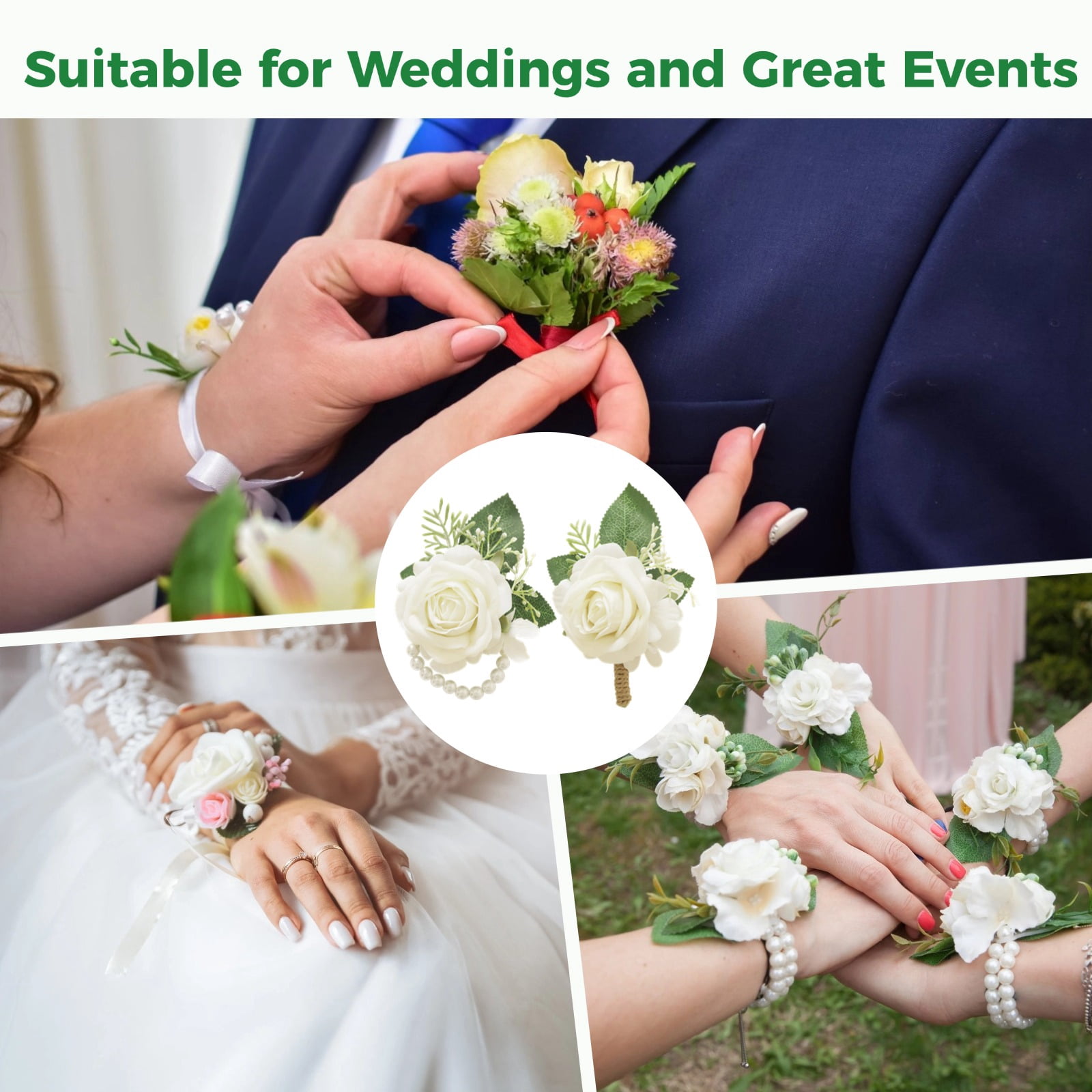 24 PCS Wedding Wrist Corsage Set - 12 Artificial Rose & Eucalyptus Corsages with 12 Pearl Wristbands | Elegant Roses Corsage for Bridesmaids, Prom & Formal Events