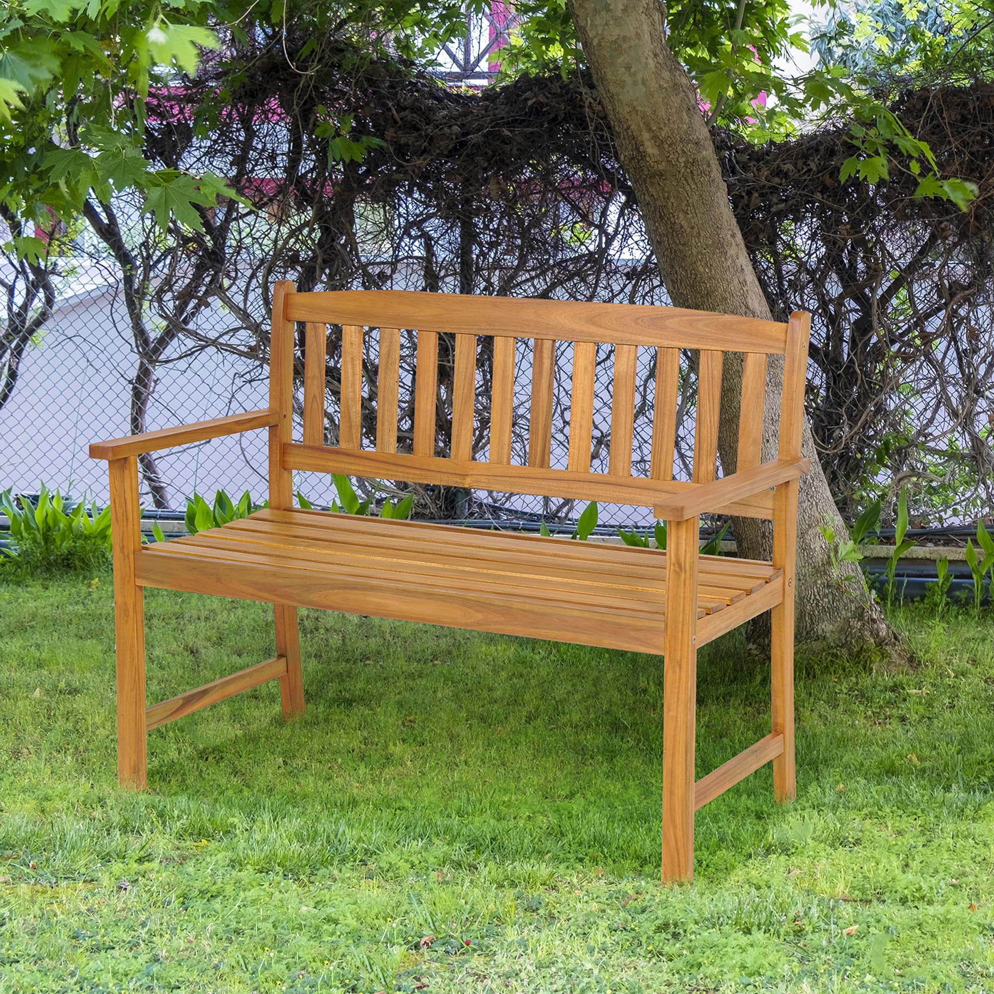 Costway Patio Acacia Wood Bench 2-Person Slatted Seat Backrest 800 Lbs ...