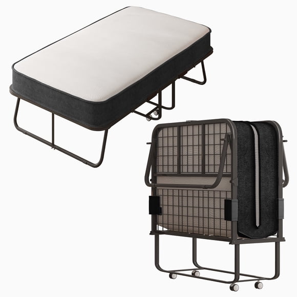 Mjkone Folding Bed with Mattress, Rollaway Fold Up Bed for Small Space, Foldable Bed with Lockable Wheels