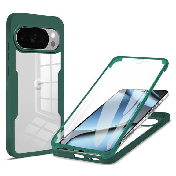 ELEHOLD for Google Pixel 10 /10 Pro/Google Pixel 9 / 9 Pro Full Body Protection Case with Built-in Screen Protector,Slim Thin Clear Shockproof Anti-Scratch Cover, Darkgreen