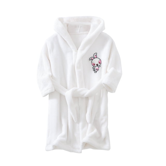 Penkiiy Boys Girls Robe, Soft Plush Fleece Hooded Robe with Belt for Girls & Boys , Solid & Printed Robe for Gift 2-3 Years White