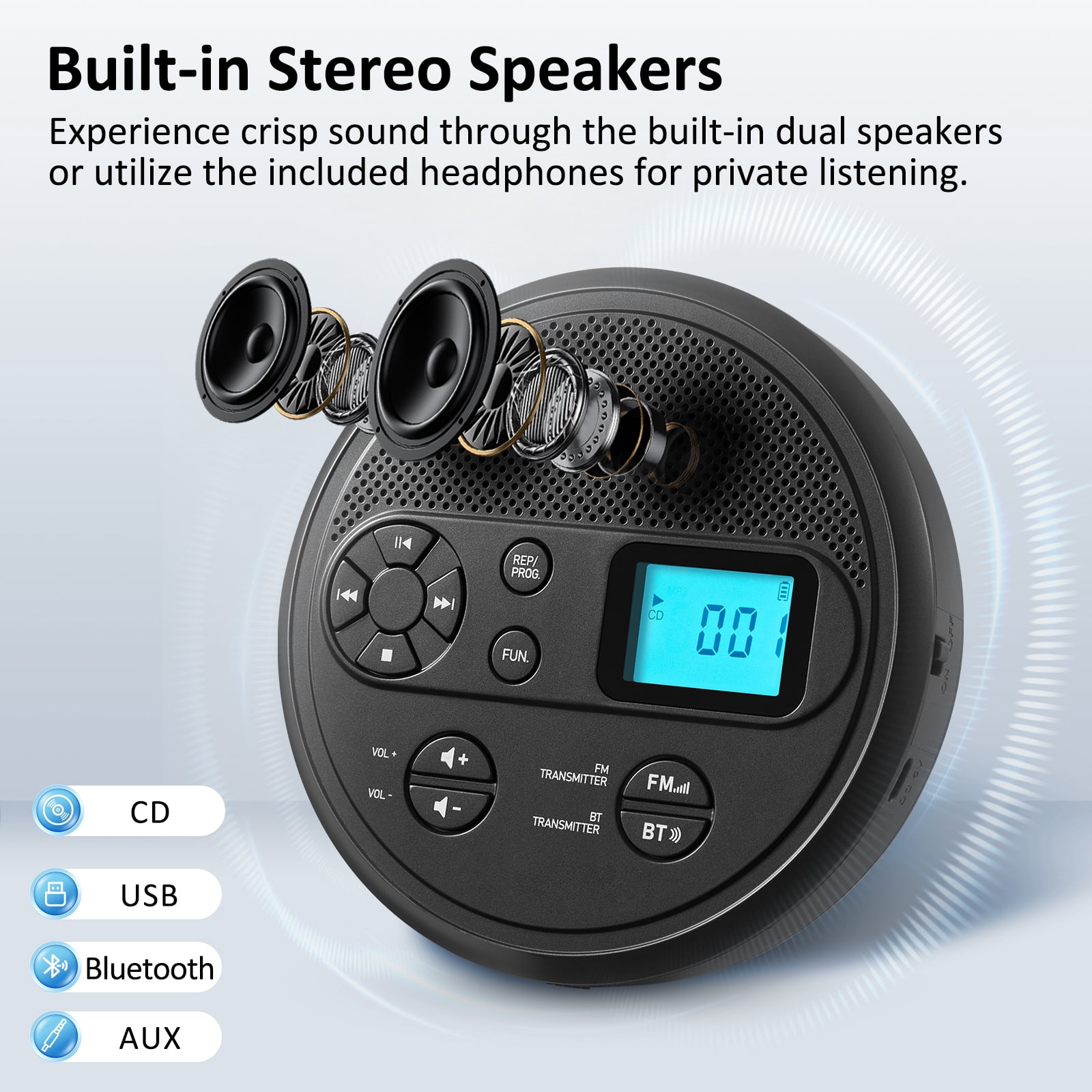 CD player Portable with Bluetooth,Rechargeable Walkman CD Player with FM Transmitter, Discman CD Player for Car.