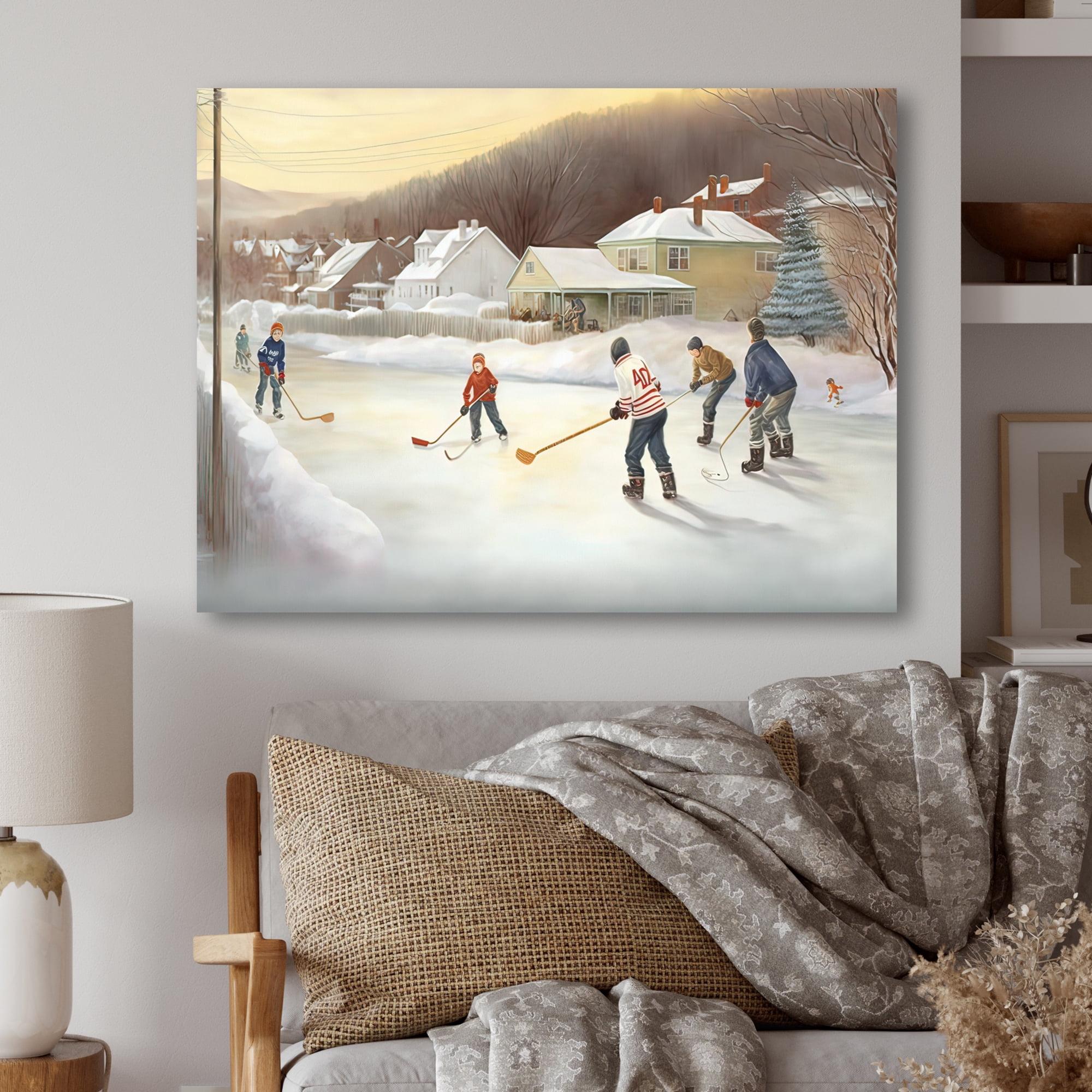 Designart Kids Playing Hockey In Winter IV Canvas Wall Art