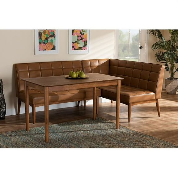 Baxton Studio Sanford Mid-Century Modern Tan Faux Leather Upholstered and Walnut Brown Finished Wood 3-Piece Dining Nook