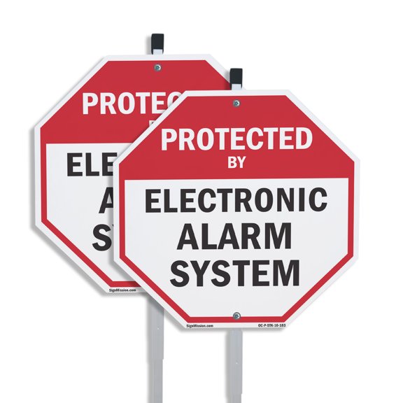 Protected By Electronic Alarm System (2 Pack) 10 inch X 10 inch Octagon Plastic Signs with Aluminum Mounting Stakes Weather Resistant UV Protected for Workplace Private Property and