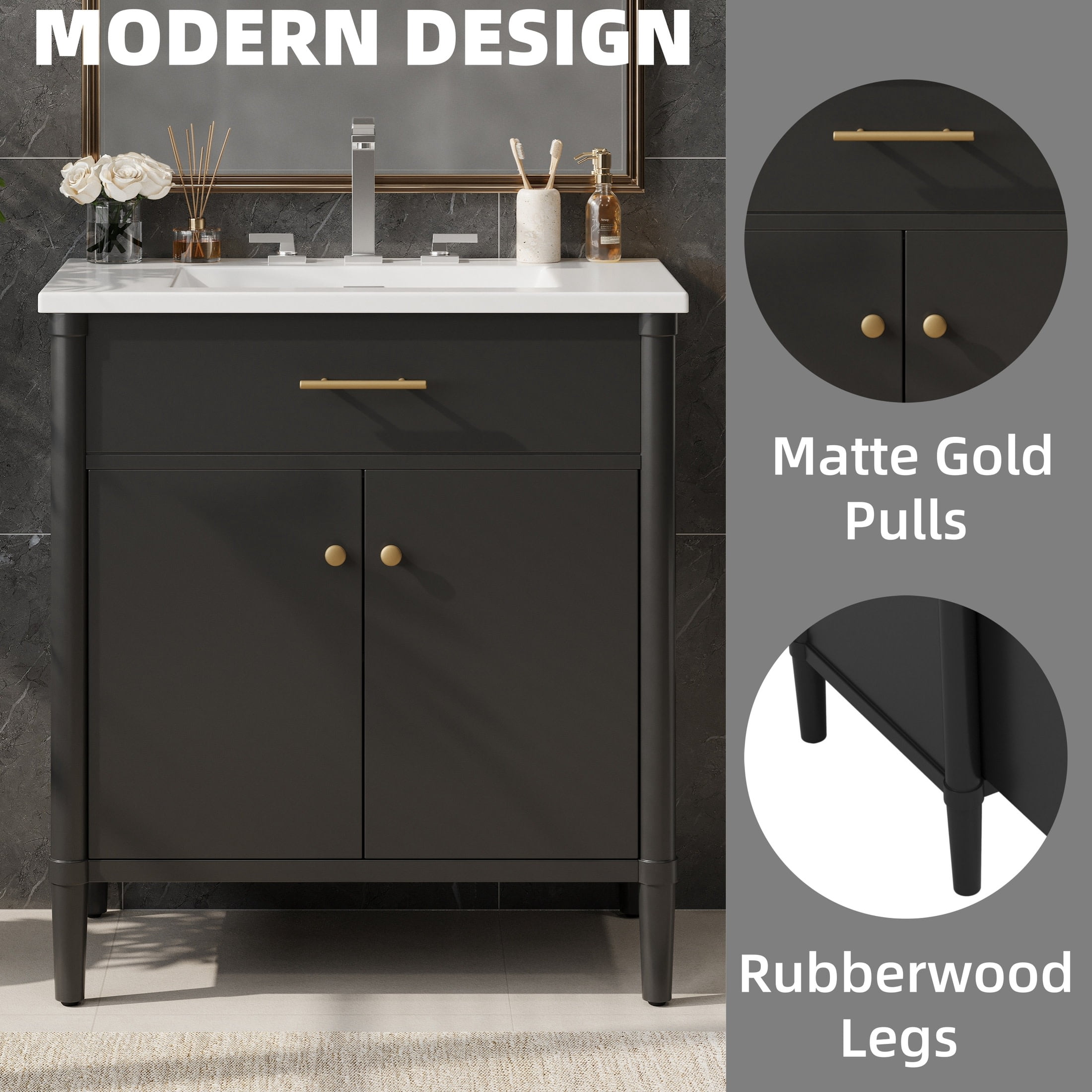 Christopher Knight Home 31" Modern Bathroom Vanity, Adjustable Shelf Cabinet with Ceramic Sink, Black