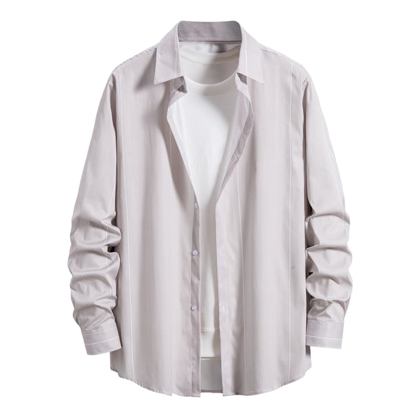 Camisa de solapa holgada informal para hombre Camisa de manga larga a rayas grises a la moda Pompotops oipoqjl27509