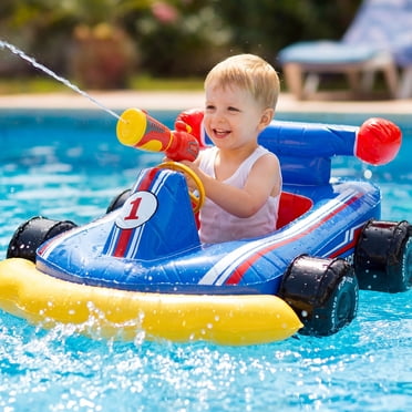 Pool Floats for Kids, Inflatable Kids Pool Floats with Water Blaster & Steering Wheel with "Bibi" Sound, Swimming Pool Water Toys for Kids Ages 3-6, Blow Up Toddler Pool Floats, Fun Go-karts Theme