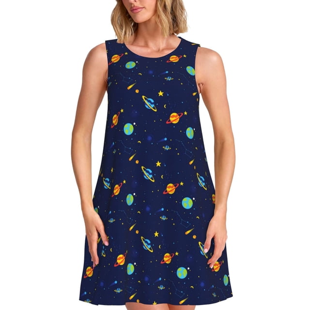 Easygdp Space Galaxy para Vestido Transpirable de Mujer, Vestido Suelto de Manga Corta con Pliegues y Bolsillos para el Verano