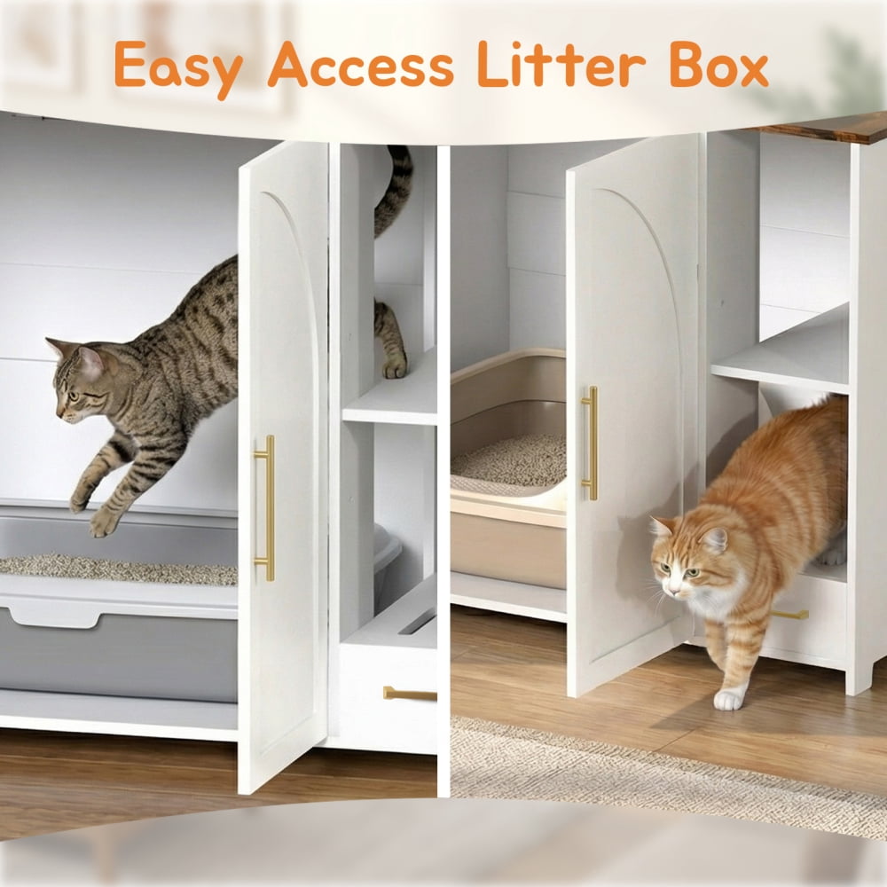 Hidden Cat Litter Box Enclosure Furniture – Large Dog-Proof Litter Box Cabinet with Power Strip, Compatible with Large Self-Cleaning Litter Boxes