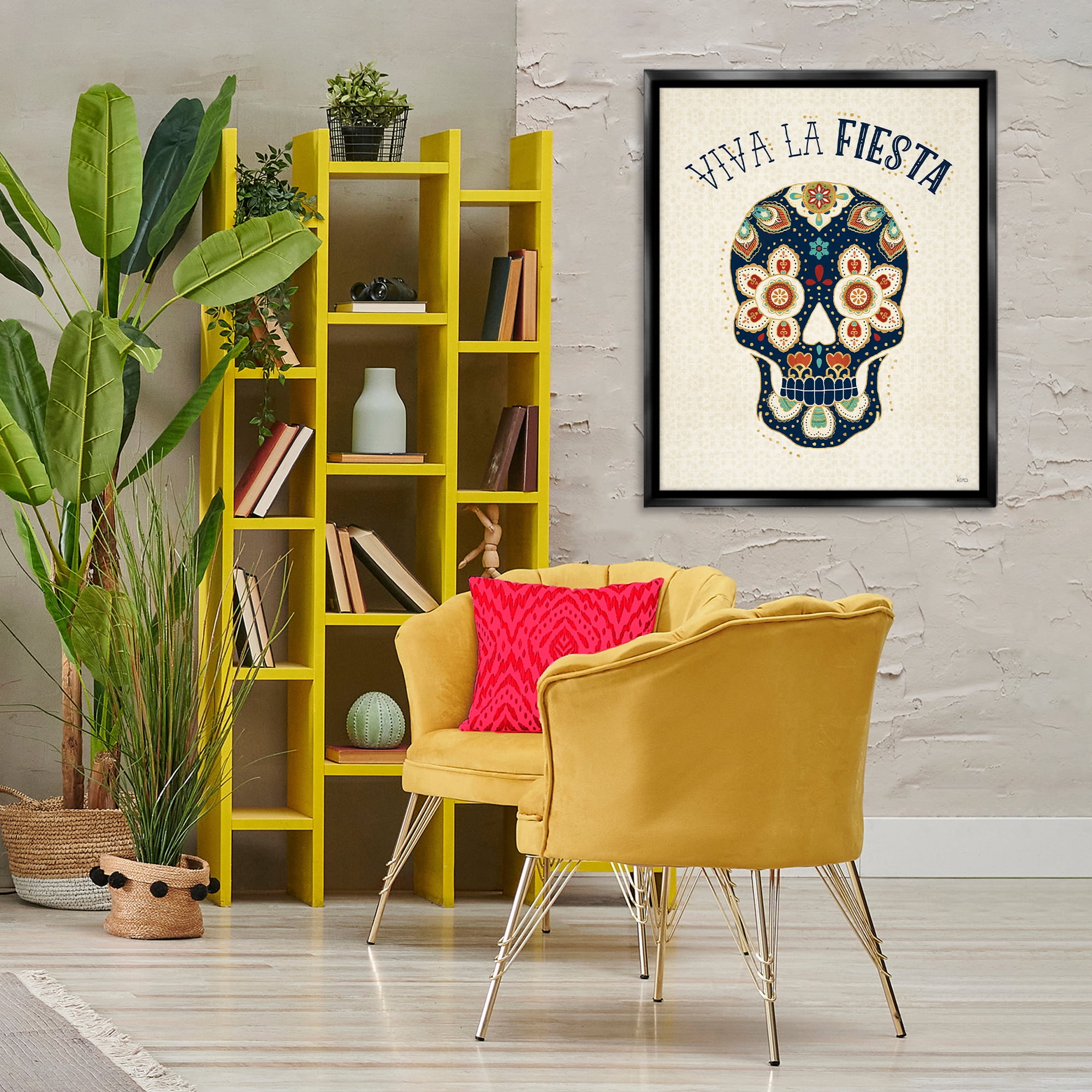 Stupell Industries Viva la Fiesta Calavera Inspirational Quotes & Sayings Painting Black Floater Framed Art Print Wall Art, 25 x 31