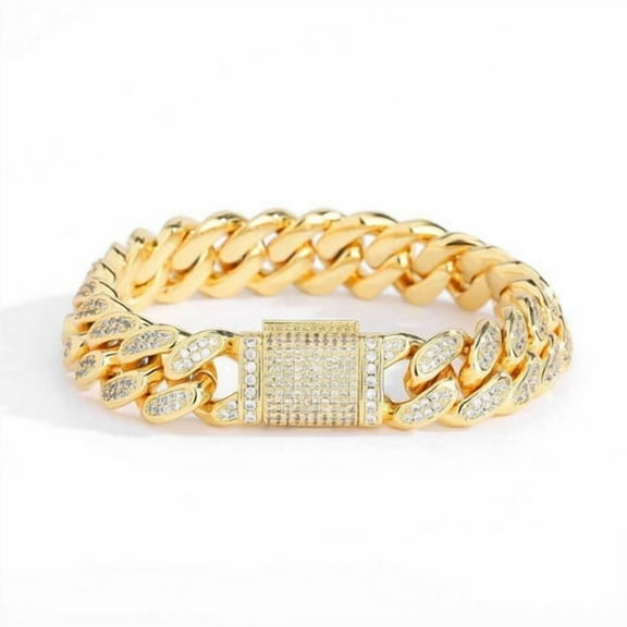 12MM Cuban Link Chain Bracelet for Men Women Zircon Paved Iced Out Bling Miami Cuban Bracelet Hip Hop 14K Yellow Gold Jewelry