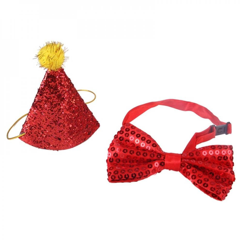Stock Show Pet Cute Birthday Party Cone Hat and Bow tie Collar Set with Adjustable Headband and Pom-poms Topper for Kitten Puppy Small Dogs Cats Pets 