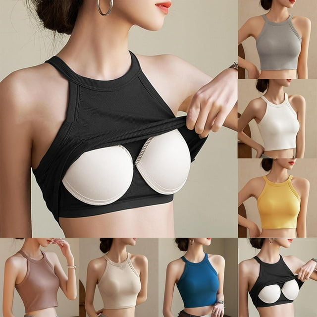 lcziwo Womens Tank Tops with Built in Bra Sleeveless Racerback Ribbed Shirts High Neck Slim Fitted Crop Top Prime Sales Beige XL