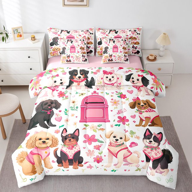 Erosebridal Kawaii Dogs Bed in a Bag King size,Pink Flower Bedding King Size,Animal Decor,Reversible,7-Piece