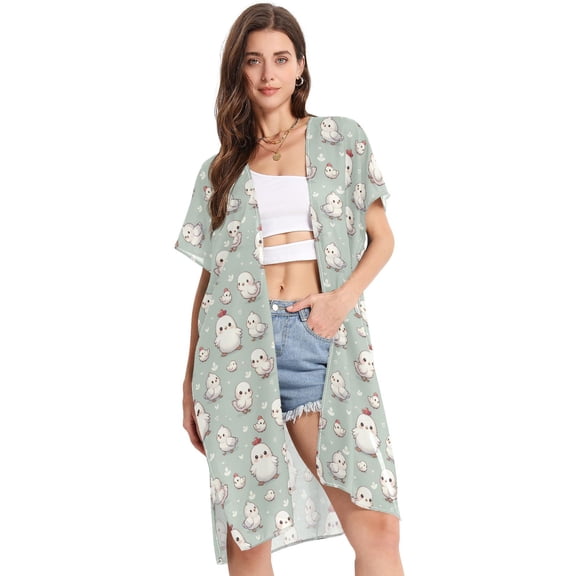 Beach Vacation Clothes Kimono Cardigan Loose Swimsuit Cover Up for Women Cute White Chicken S