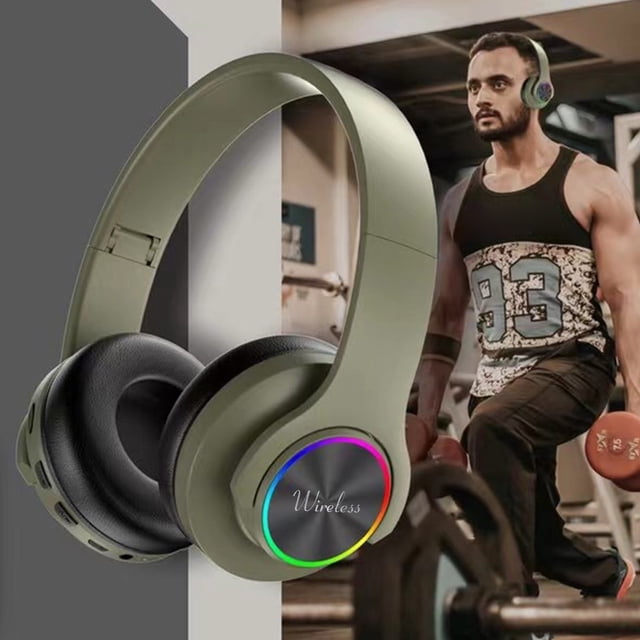 Auriculares inalámbricos Bluetooth universales, Iluminados, Luz de respiración de siete colores, Plegables, Subwoofer, Con ranura para tarjeta, Graves profundos - Verde