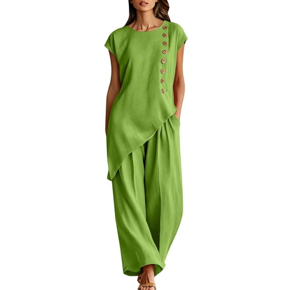 NMMUED 2 Piece Outfits for Women Asymmetrical Hem Short Sleeve Button Top Wide Leg Pants Set Casual Summer Lounge Matching Suits Green L