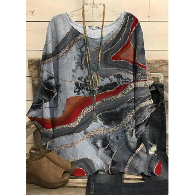 Jersey de manga larga para mujer, Camiseta con estampado de nuevo diseño, cuello redondo, holgado, talla grande, elegante, Vintage, otoño e invierno, 2022