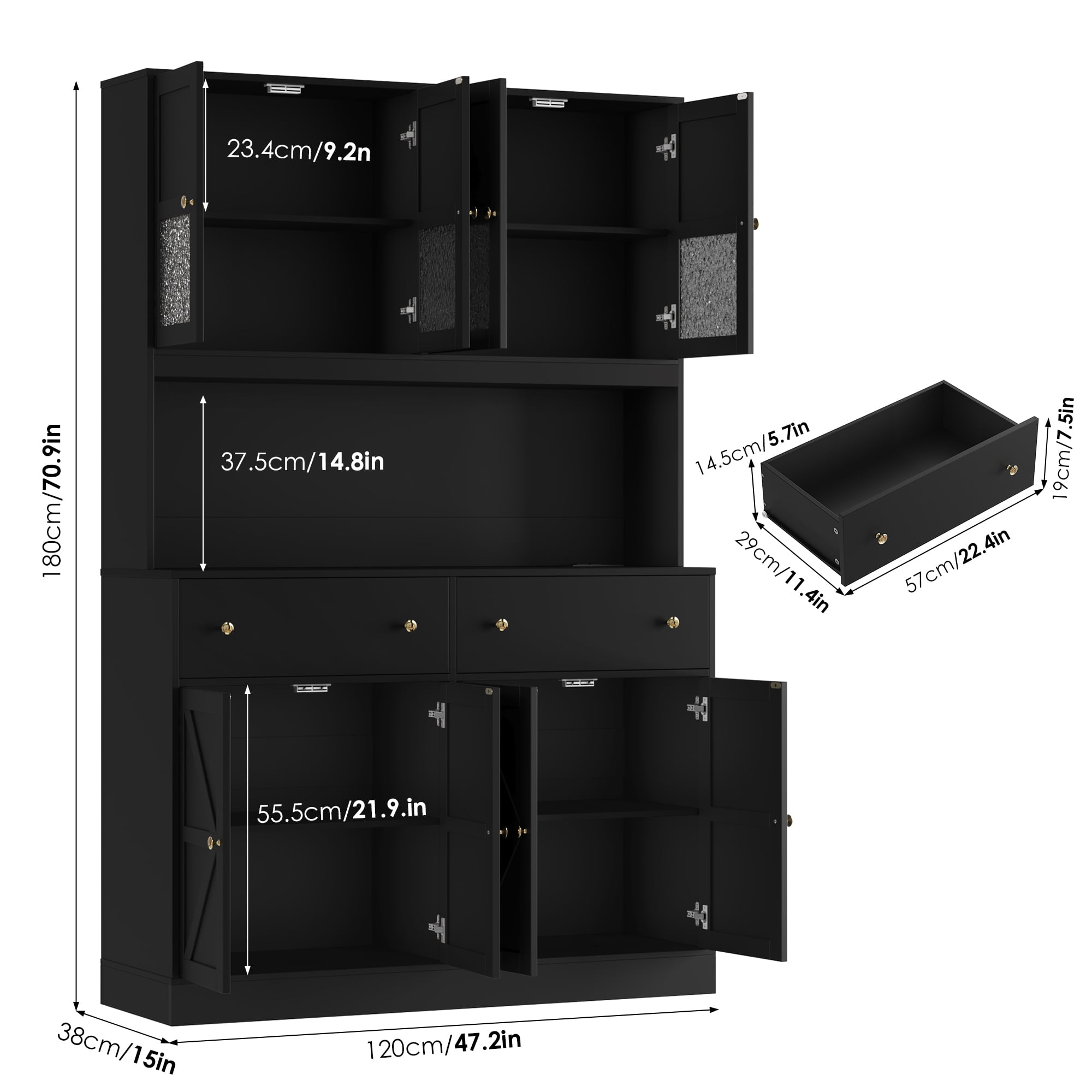 Homfa 8 Door Kitchen Pantry Cabinet with 2 Drawer, 71" LED Buffet Cabinet with & Charging Station & USB Port, Black