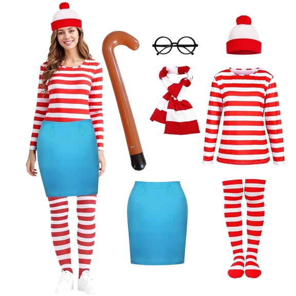 Alaiyaky Red and White Striped Costume Suit, Halloween Costumes Striped Shirt with Hat Glasses, Men Women Halloween Costumes World Book Day Outfit
