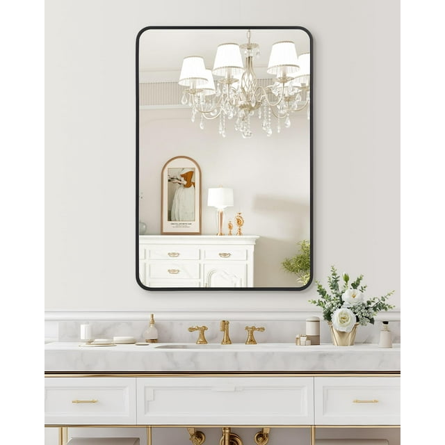 TROPOW Bathroom Mirror,Matte Black Metal Framed Mirror, Stylish Rounded Corner Design, Versatile Vanity Mirror for Bathroom, Hung Horizontally or Vertically,24x36"