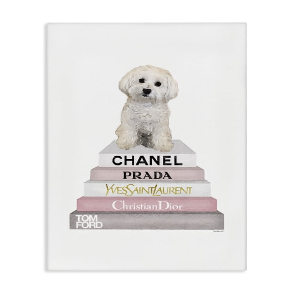 Stupell Industries Contemporary Fashion Designer Pet Dog Bookstack White Pink Watercolor Canvas Art, 30 x 40, by Amanda Greenwood