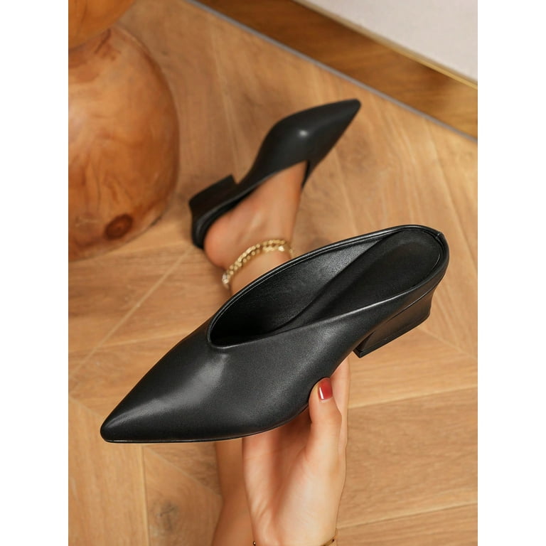 ASWMXR Wide Fit Women s Fashionable Pointed Toe Deep Mouth Irregular Heel Mules Shoes Elegant Vacation Stone textured Pu Leather Black High Heels With Open Heel Autumn And Winter Walmart